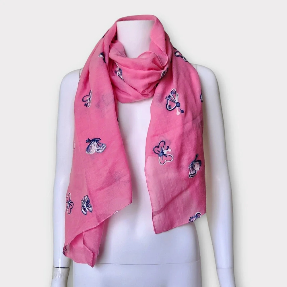Pink Scarf Shawl Butterfly Print Embroidery Size 27"x70"